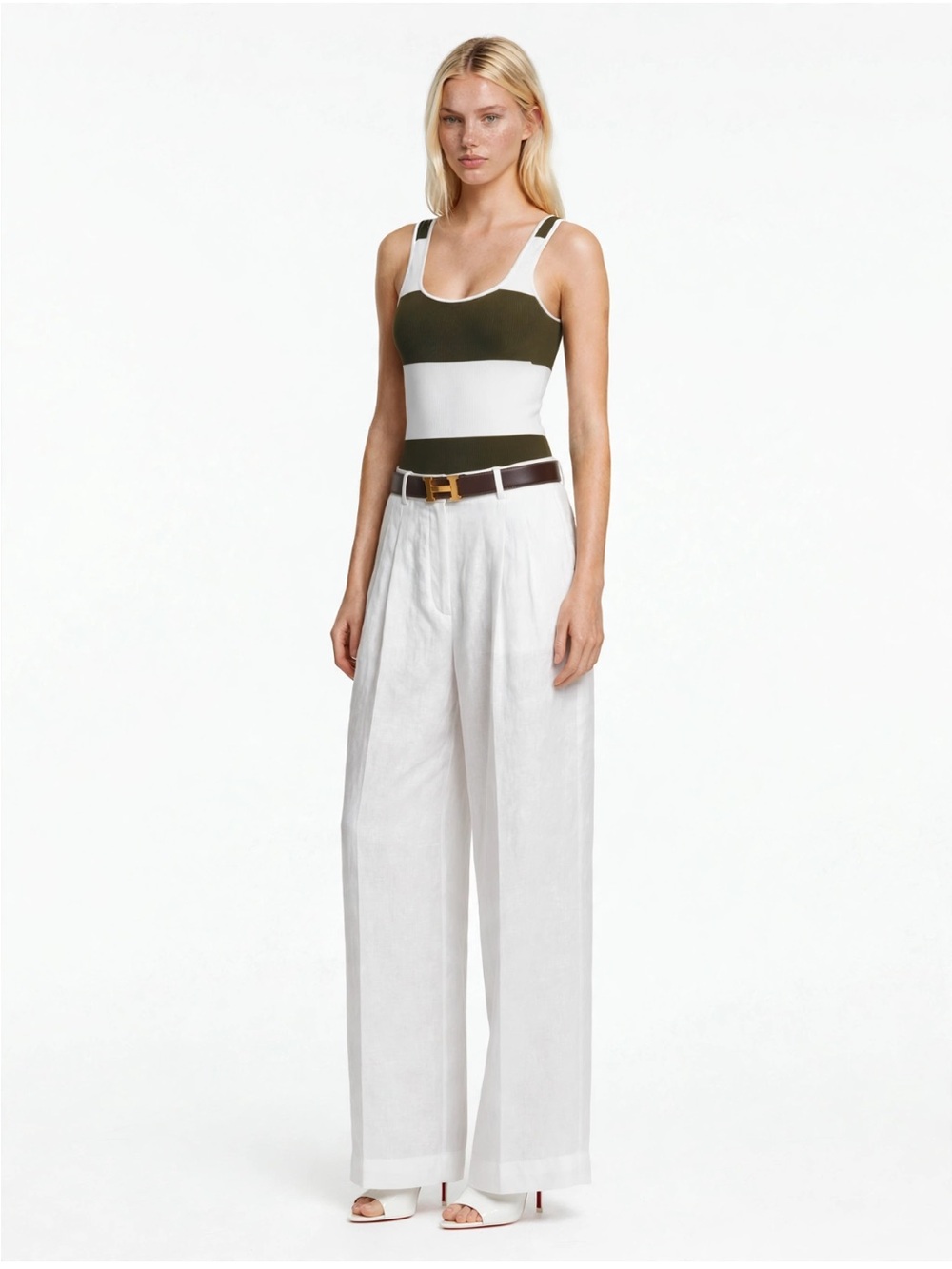 L'AGENCE Olive and White Striped Scoop One-Piece Swim